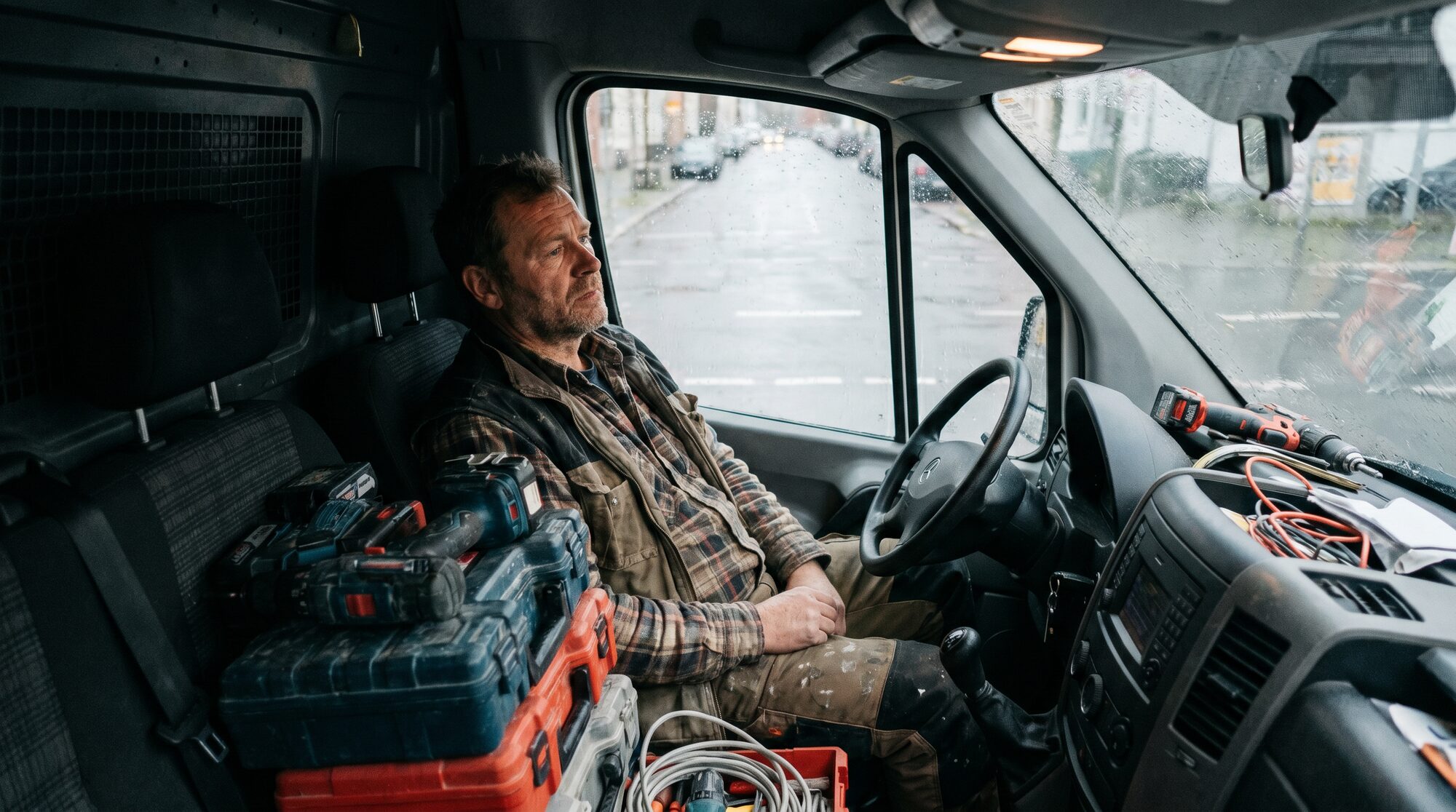 Handwerker im Transporter checkt sein Smartphone